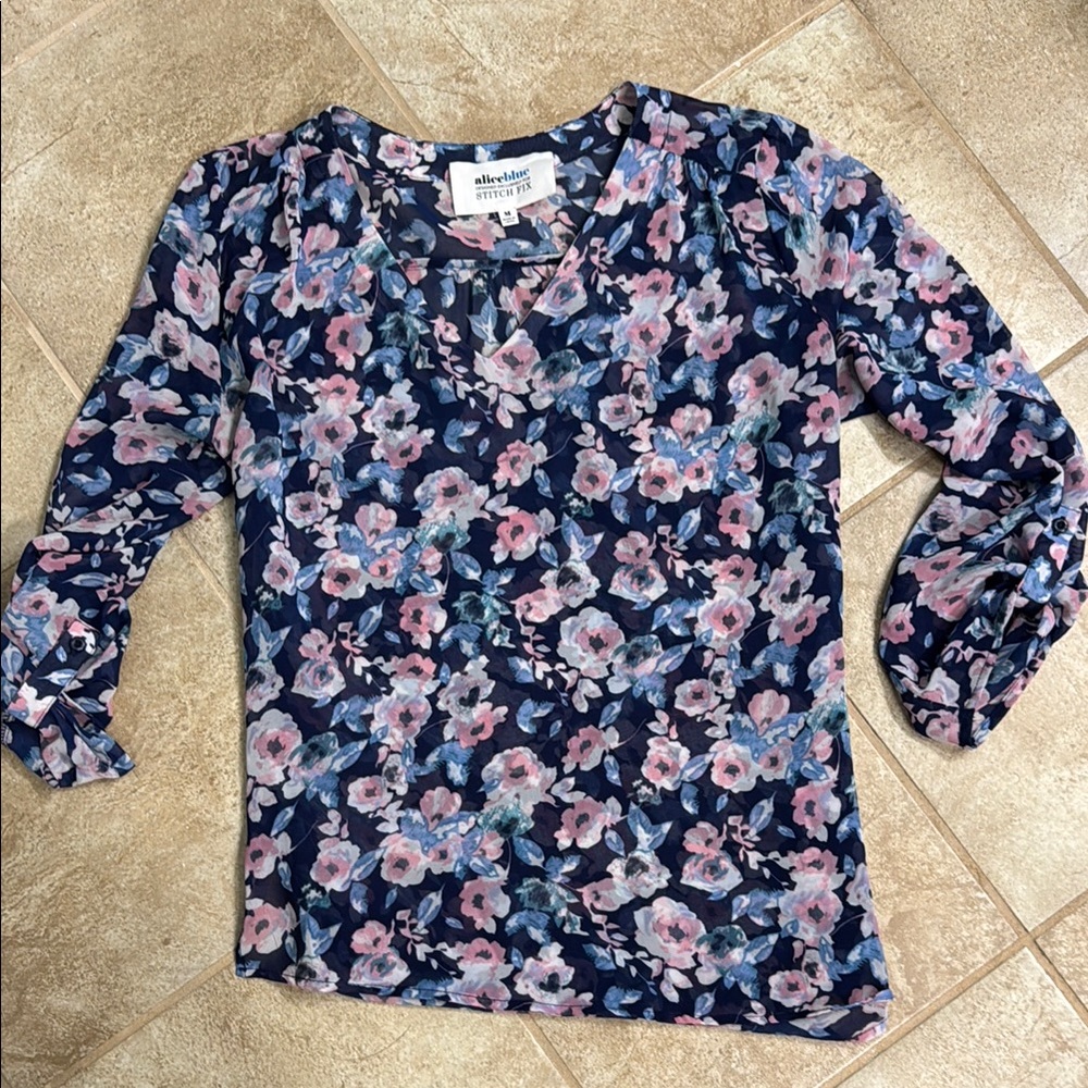Alfani Blue and Pink Ruffled Fitted Blouse
